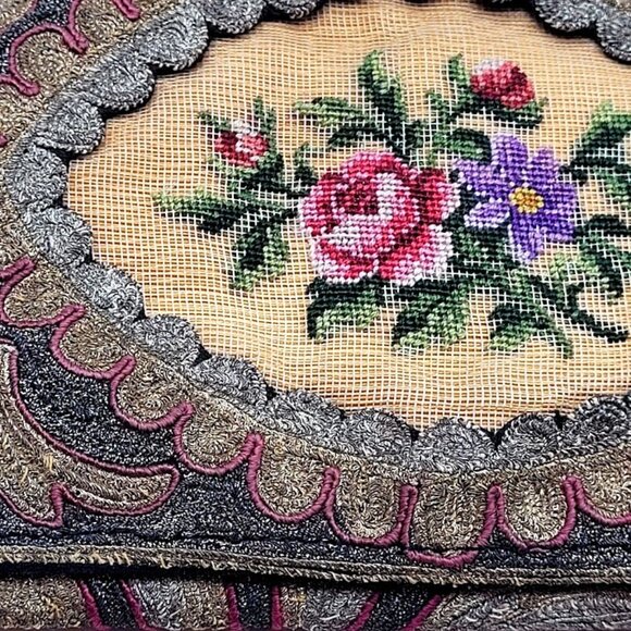 Rare Antique French Petit Point Embroidered Tapestry 19th Clutch Wallet Bag HTF - Picture 6 of 13
